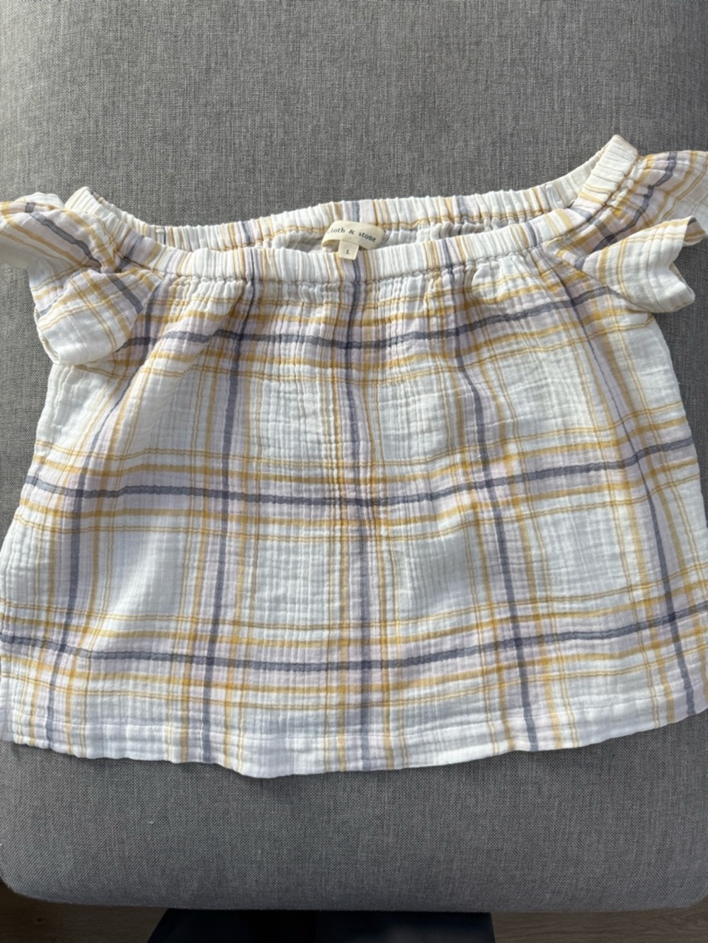 cloth & stone White Plaid Off-Shoulder Top with Yellow and Lavender Stripes